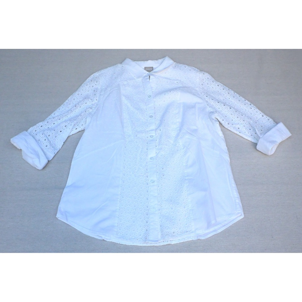 Chicos Womens 2 NWT White Cotton Eyelet Button Up Shirt 3/4 Sleeve Shirttail Hem